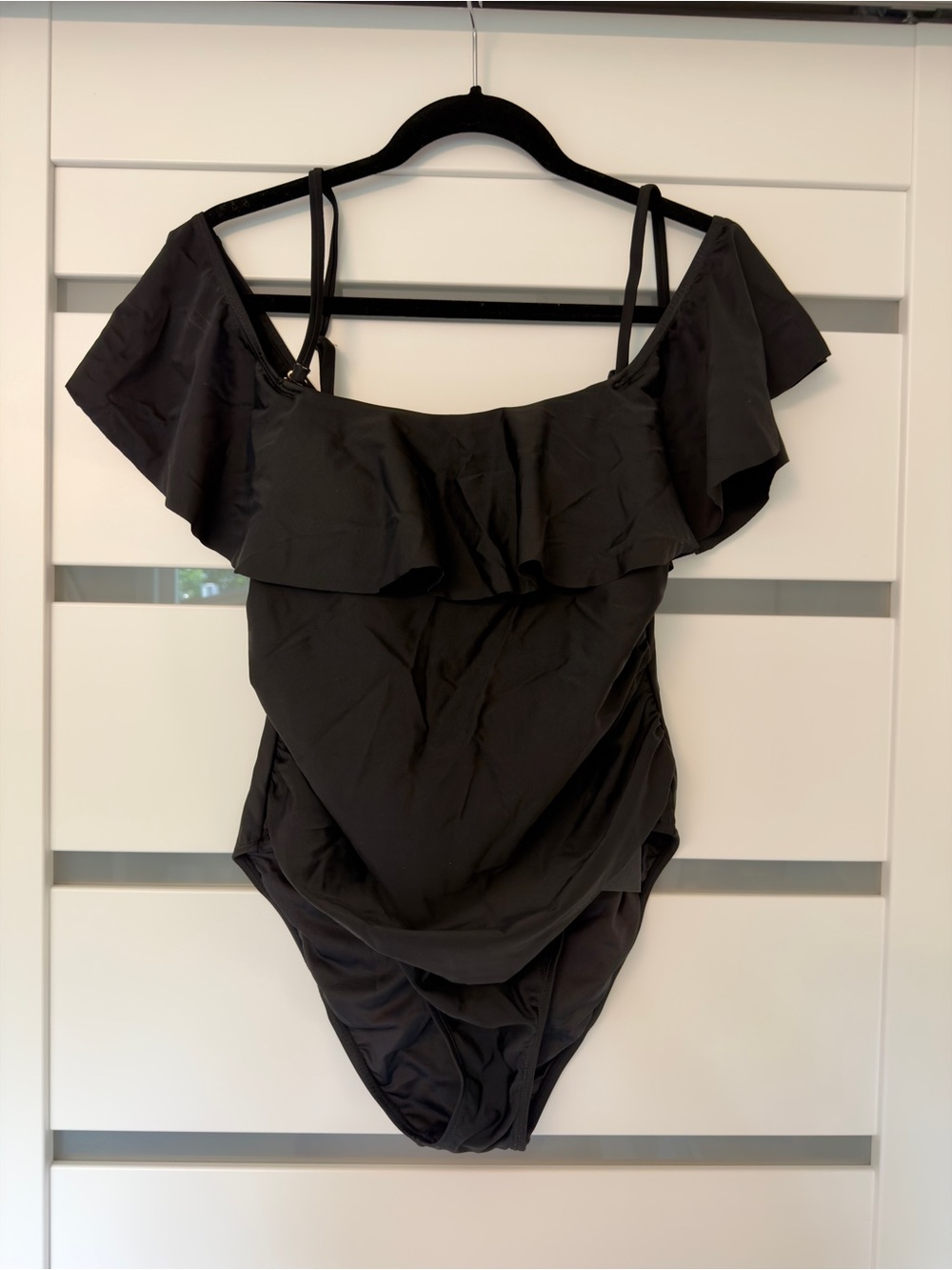 BCBG Black Off-Shoulder Ruffle Swimsuit with Double Straps